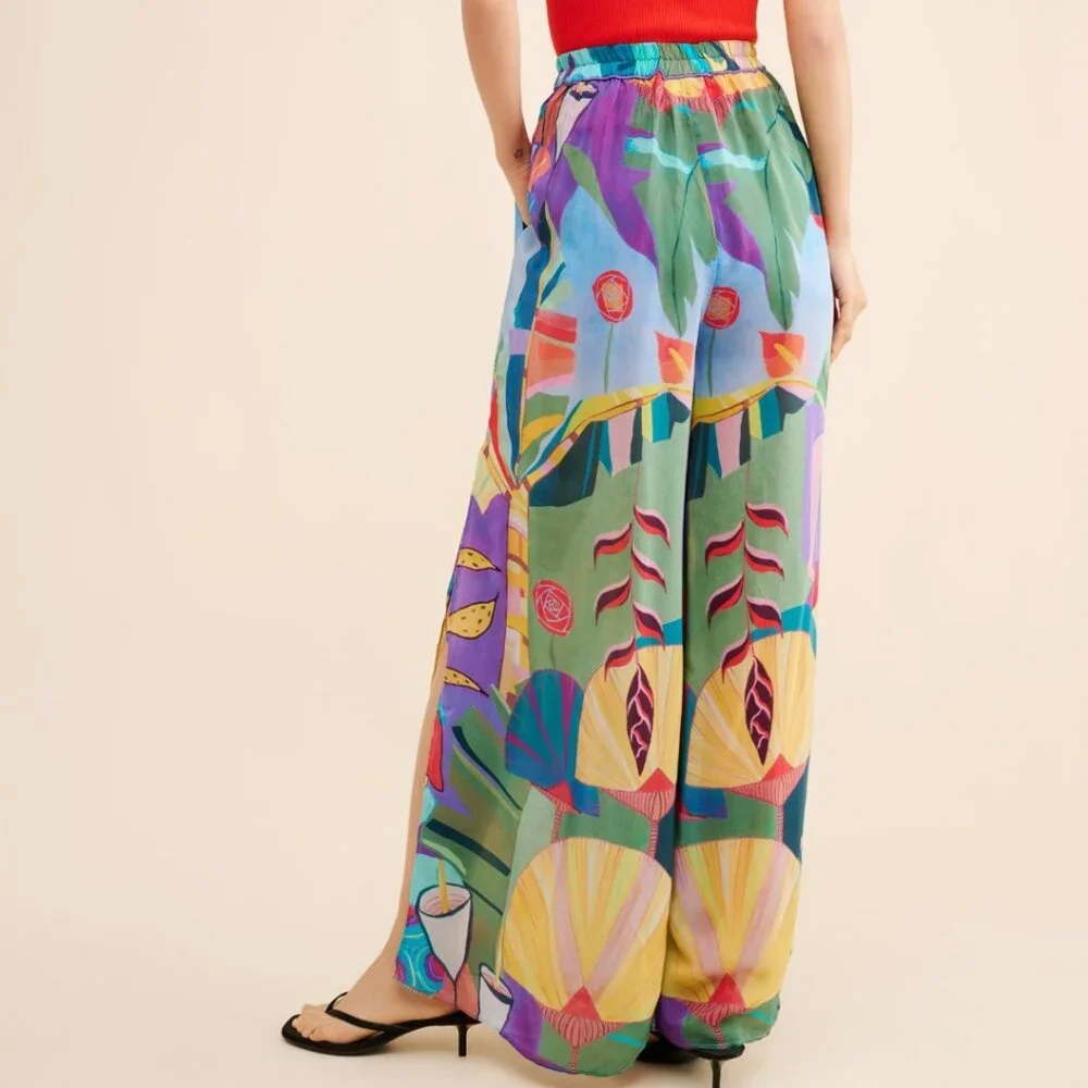 EUC FARM RIO Tropical Scenario Blue Slit Shiny Pants Size M - Picture 4 of 10